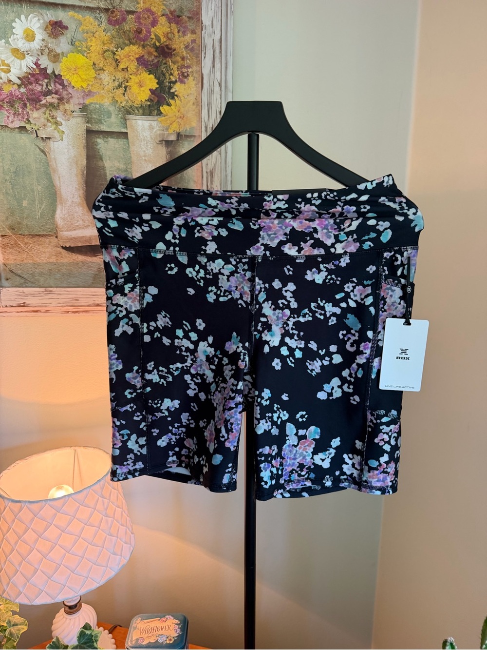 RBX Black Floral-Print Athletic Shorts